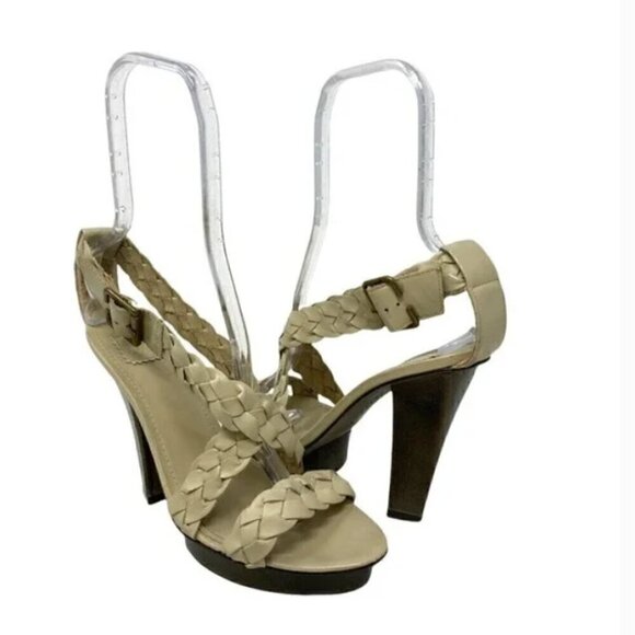 Zara Cream Leather Braided Strap Platform Open Toe Heel Sandals - Size 9.5 EU 40 - Picture 1 of 7